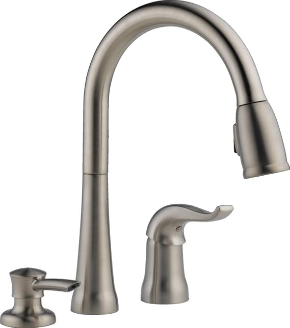 Delta Kate Brushed Nickel Kitchen Faucet with Pull Down Sprayer and Soap Disperser, Modern Two Hole Kitchen Sink Faucet, Single Handle, Stainless 16970-SSSD-DST