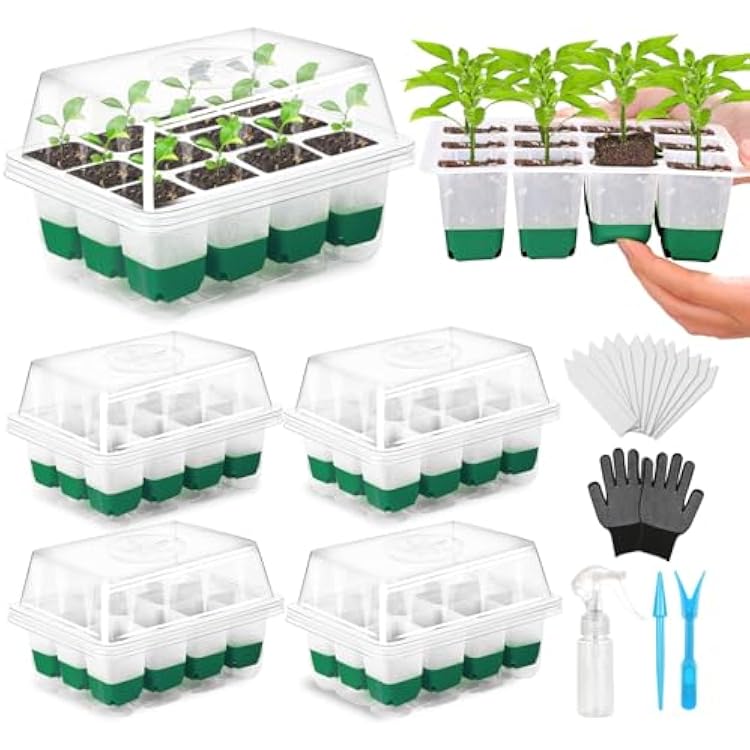 Reusable Seed Starter Tray, 4 Pack Silicone Seed Starter Kit for Starting Plant Seeds with Humidity Adjustable Dome and Lid, Indoor Seed Starting Supplies with Water Spray Bottle for Plants, BPA-Free