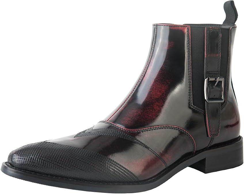 Men's Patent Leather Ankle Boots, Buckle Strap Chelsea Boots with Textured Toe, Stylish Dress Boots for Work & Daily
