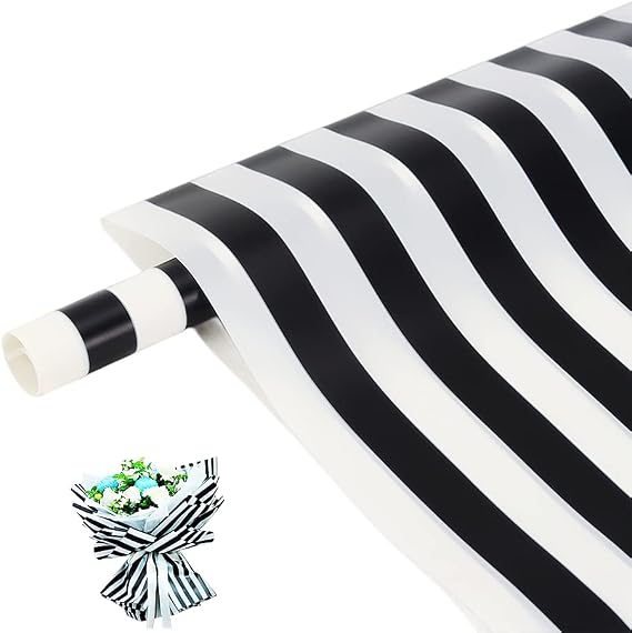 CURTEK 20 Sheets Korean Style Flower Wrapping Paper 23x23'' Waterproof Bouquet Black White Stripes Floral for Wedding Valentine's Day Gift Packaging