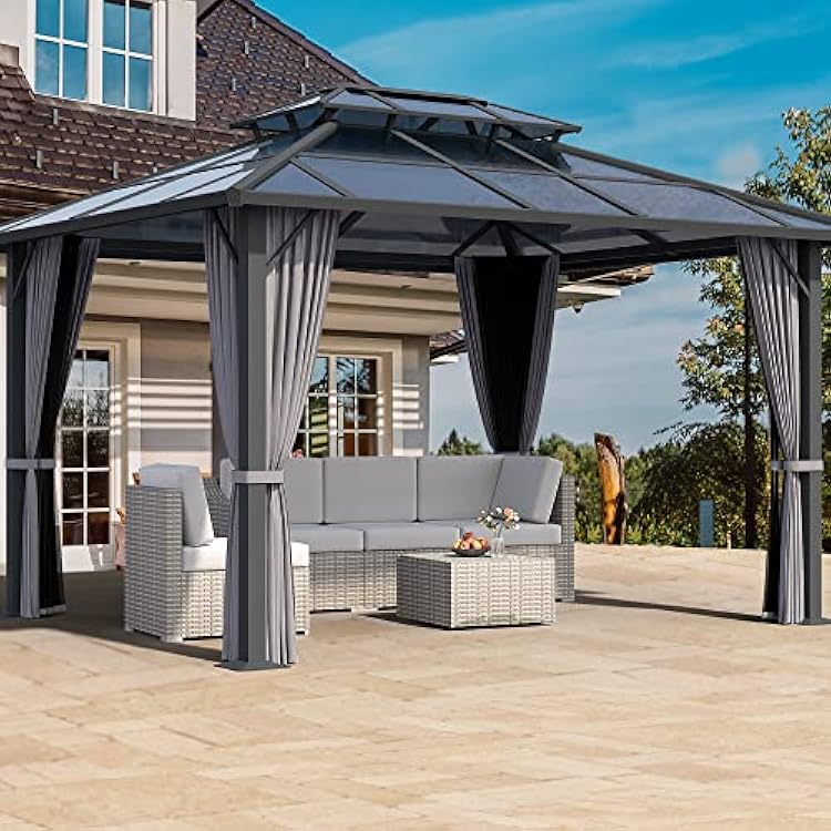 HAPPATIO 10x 12 Hardtop Gazebo, Outdoor Polycarbonate Double Roof, Aluminum Furniture Gazebo Canopy with Netting and Curtains for Garden, Patio,Deck Gray