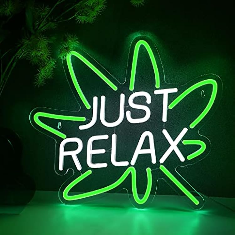 ATOLS Just Relax Neon Sign for Wall Decor, Battery or USB Powered Lets Party Neon Sign, Green Leaf Led Neon Light Sign for Bedroom, Game Room, Shop, Party, Bar Decor