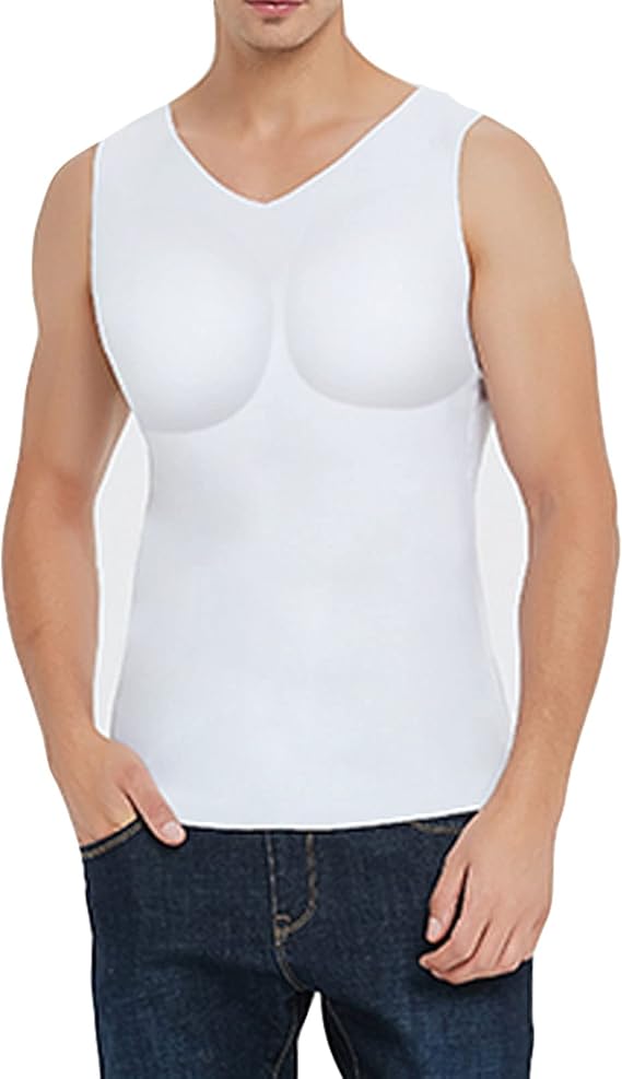 Men Fake Muscles Vest Shaper Padded Chest Undershirts for Build Realistic Muscles Underwear,White,M