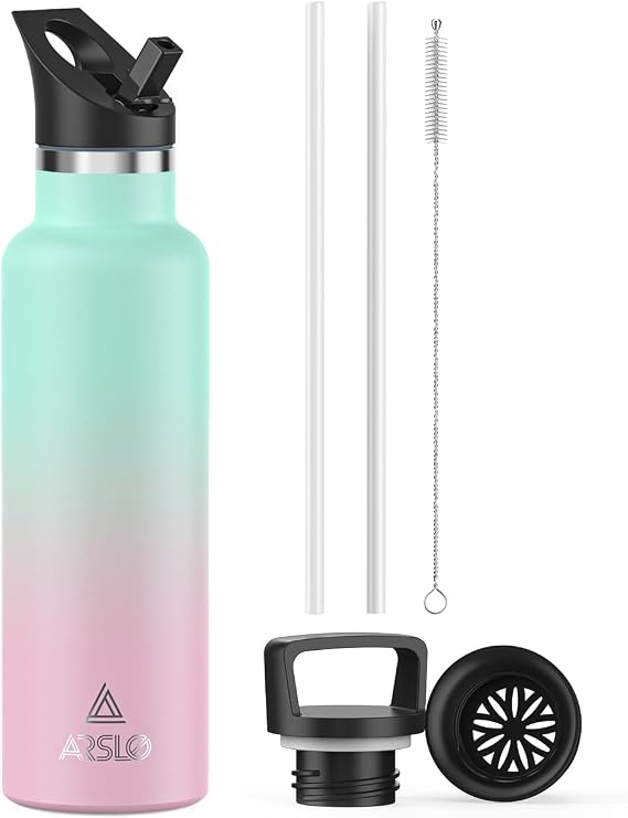 Botella de agua de acero inoxidable con pajita, botella de agua aislada para deportes, gimnasio, escuela, viajes, adultos/niños, mantiene el frío hasta 24 horas, a prueba de sudor/fugas, 2