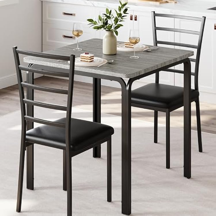IDEALHOUSE 3-Piece Kitchen Dining Room Table Chair Set for Small Space, Indoor Modern Dinette Set for 2, Square Dinner Table Set for Dinette, Breakfast Grey