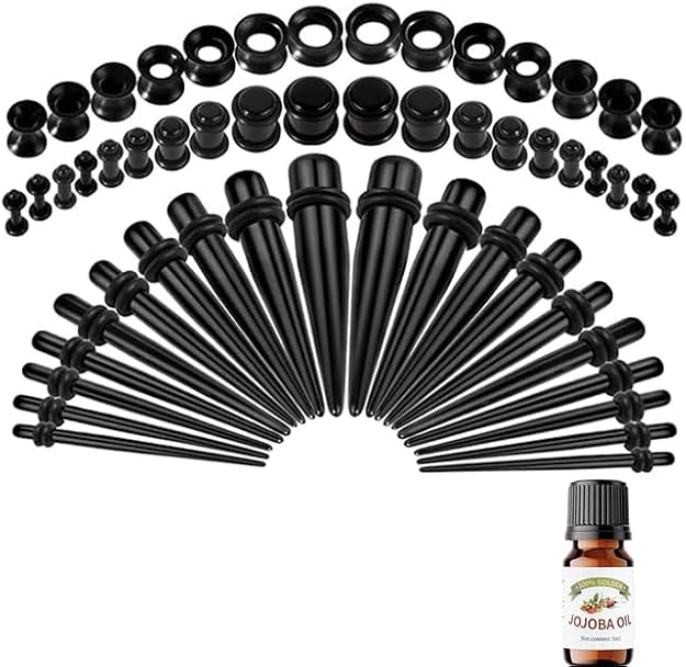 18/41/54Pcs Ear Stretching Kit 1.6-12mm/1.6-10mm Gauges for Ears with O-Rings Ear Gauge Stretching Kit with Aftercare Jojoba Oil or Ear Stretching Balm Ear Expander Body Piercing Jewelry for Women Men
