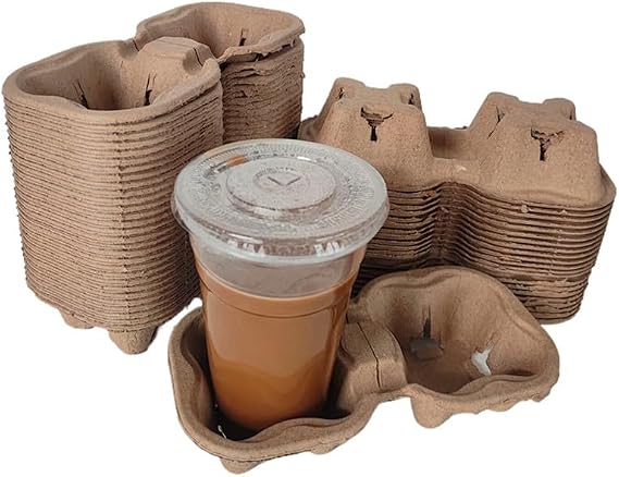 Disposable 2 Cup Drink Carrier Trays, Biodegradable Pulp Fiber Coffee Carry Tray, Compostable No Spill Drink Cup Holder for Hot Cold Beverages, Car, Food Delivery, Restaurants and Cafes Shop (50 Pack)