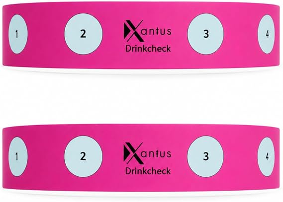 Drink Check Wristband Roofie Test by Xantus | Spiked Drink Wristband Tester Detects GHB Within 10 Seconds Test Your Drink | Spiking Protection Detector Made in USA | (2 Pink Wristbands 8 Tests)