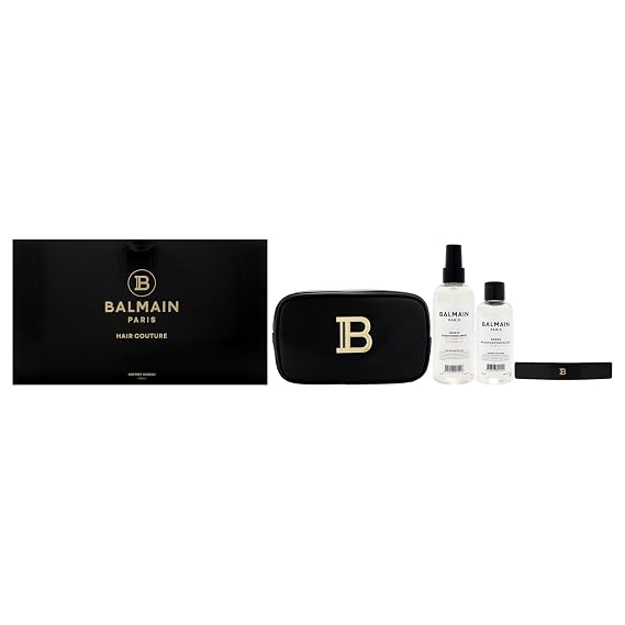 Balmain Hair Couture Set for Women - 4 Pc 6.76oz Leave-In Conditioning, 3.38oz Argan Moisturizing Elixir, Barrette, Toiletry Bag - Black-Gold