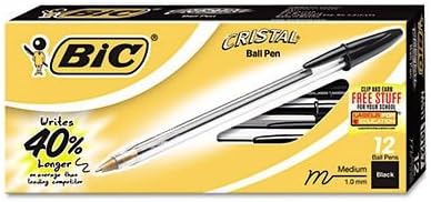 BIC Cristal Stic Ball Pen, Medium Point , 1.0 mm, Black, 12 Pens (MS11-Blk)