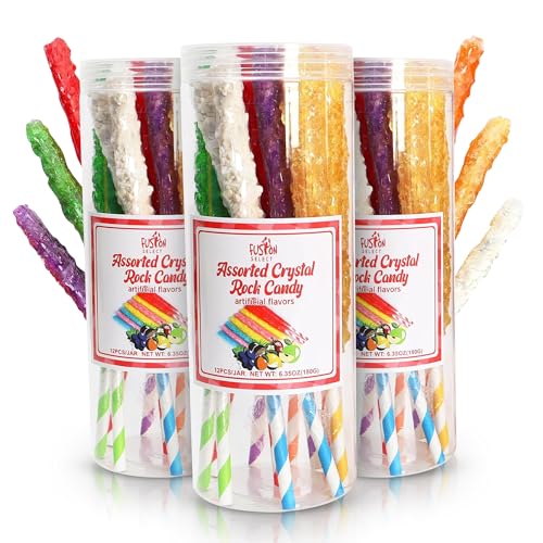 Fusion Select 36 Crystal Rock Candy Sticks - Sweet Hard Sugar Lollipop Snacks with Strong Flavors - Assorted Large, Individually Wrapped Candies - Colored Buffet Treats & Party Favors for Kids