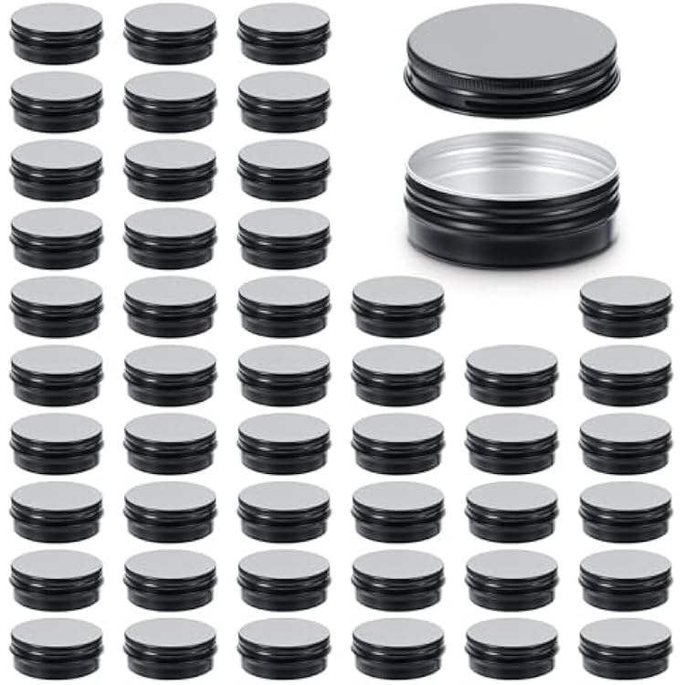 48 Pcs Aluminum Round Cans with Lid, 2 Oz Metal Tins Food Candle Containers with Screw Tops for Crafts, Food Storage, DIY black