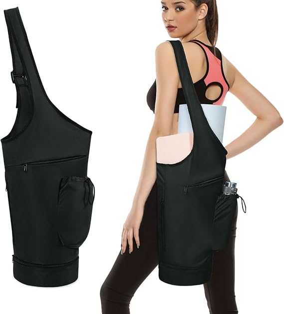 Yoga Mat Bag Large Opening Yoga Bag with Waterproof Wet Pocket Long Tote Yoga Mat Carrier Bag with Drawstring Water Bottle Pocket Big Capacity Gym Yoga Storage Bag Adjustable Shoulder Bag