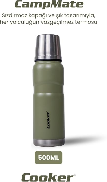 Cooker 500 ML Çift Kat Sızdırmaz Paslanmaz Çelik Termos, Haki, 12 Saat Sıcak 24 Saat Soğuk Koruma