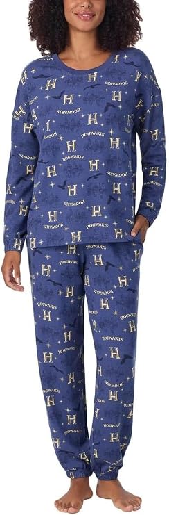 Hogwarts Harry Potter Women's Pajama Set, Long Sleeve Top and Jogger Pants, Blue, 2-Piece Lounge Set, Small