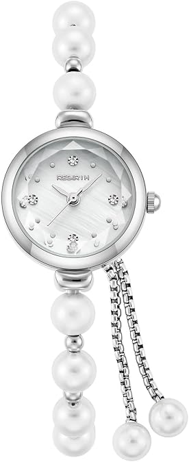 Women's Pearl Bracelet Watch Petite 22mm Dial Watch Adjustable Slider Clasp