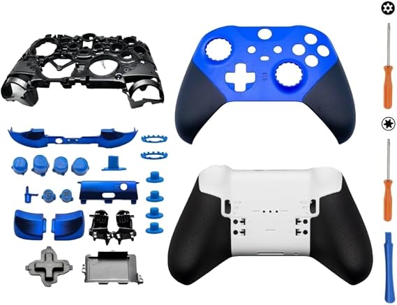 交換用ハウジングシェルキット Xbox Elite Series 2 コアコントローラー用、フルシェルケースカバー セット フェイスプレート ミドルフレーム ABXY LT RT ボタン LB RB バンパー アクセサリー ツール ブルー
