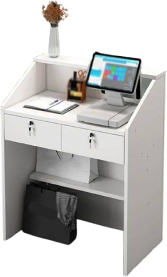 Retail Checkout Counter,Reception Desk, Lockable Drawer, Heightened Baffle, for the office of the shop clinic White,60 * 38 * 75cm