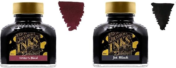 Diamine Fountain Pen Ink 80ml - 2 x Bottles - Writers Blood & Jet Black