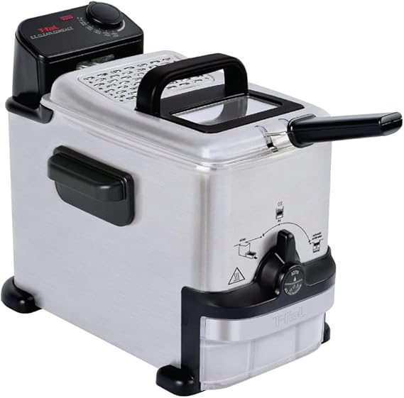 T-fal EZ Clean Compact Electric Deep Fryer with Basket, 1.8L Oil Capacity | Stainless steel build, 300F-375F temp range, Locking lid with viewing window, Oil filtration system, Fits up to 1.7 lbs