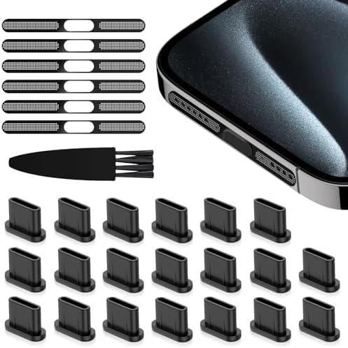 USB C Dust Plug Port Cover Protectors 20 PCS with Phone Speaker Cover Bumper Stickers 6 PCS Compatible for iPhone 17, iPhone 15/16/16 Plus/16 Pro/16 Pro Max with Cleaning Brush Accessories