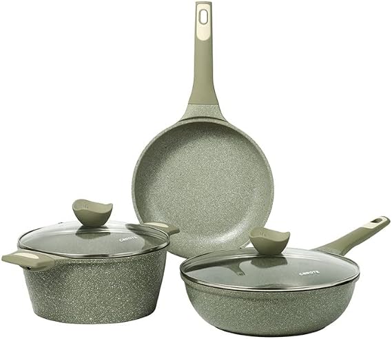 CAROTE Non Stick Cookware Set 5 Pieces Nonstick Pots and Pans Set, Healthy Stone Granite Cookware Set, PFOA Free (Green Granite, Induction Cookware)