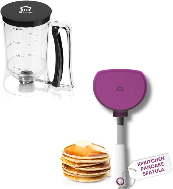 KPKitchen Pancake Batter Dispenser and Pancake Spatula Flipper - Perfect Baking Tool for Cupcakes, Waffles, Crepes, Cake or Any Baked Goods (Black) - Heat Resistant Wide Spatula Perfect for Pancakes