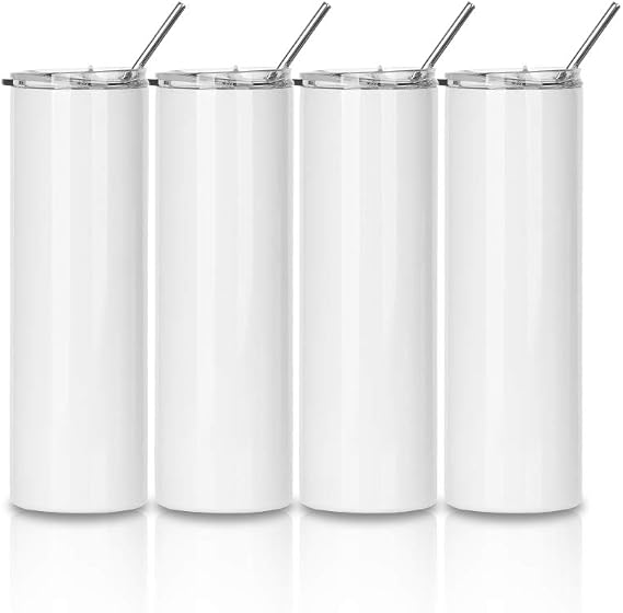 PYD Life Sublimation Blanks Tumbler Skinny 30 OZ Straight Stainless Steel Coffee Cups Mugs with Lid and Metal Straw for Tumbler Press Machine Heat Transfer 4 Pack