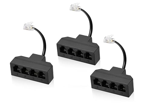 RJ11 Cable 4 Way Telephone Splitter 3 Pack, Black, Splitter 6P4C Connector Phone Line Cord Adapter with Cable for Landline Telephone Wire, Suitable for Telephone, Fax Machine