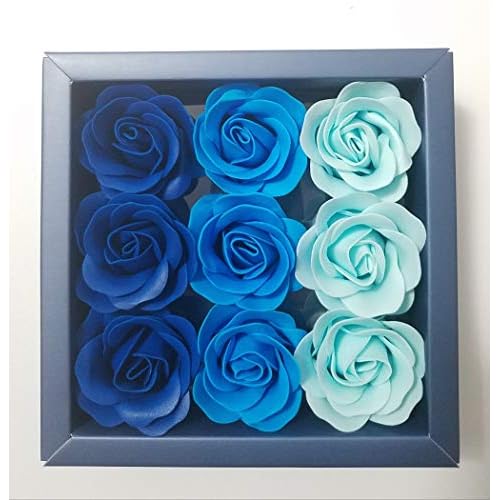 JM Box of Blue Flora Scented Roses Flower Bath Soap, Plant Essential Oil Rose Soap in Gift Box, Gift for AnniversaryBirthdayWeddingValentines DayMothers Day 9 Pcs