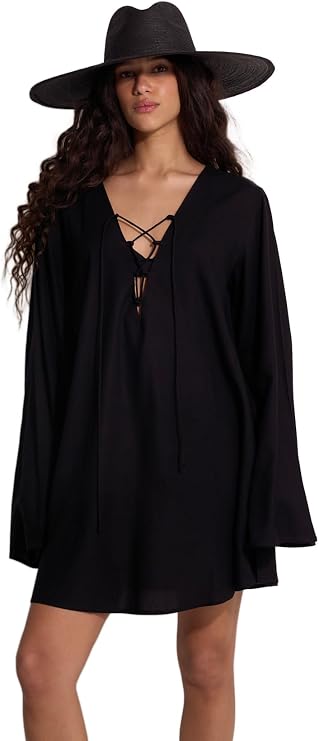 Gottex Beach Life Mist & Sand Mini Dress Cover-Up - Long Wide Sleeves, Adjustable Front Tie Detail