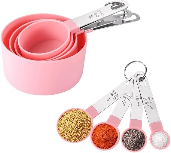 Measuring Cups and Spoons Set, 8-Piece Measuring Cups for Baking with Stainless Steel Handle, 4 Teaspoon and 4 Tablespoon Nesting Measure Cups for Dry and Liquid Ingredients(Pink)