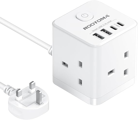 Cube Extension Lead with USB C Slots, 3 Way Power Extension | 4 USB (5V/3.1A 15.5W), Small Tower Extension Lead for Home, Office, Dorm Room, 2M, 13A/3250W