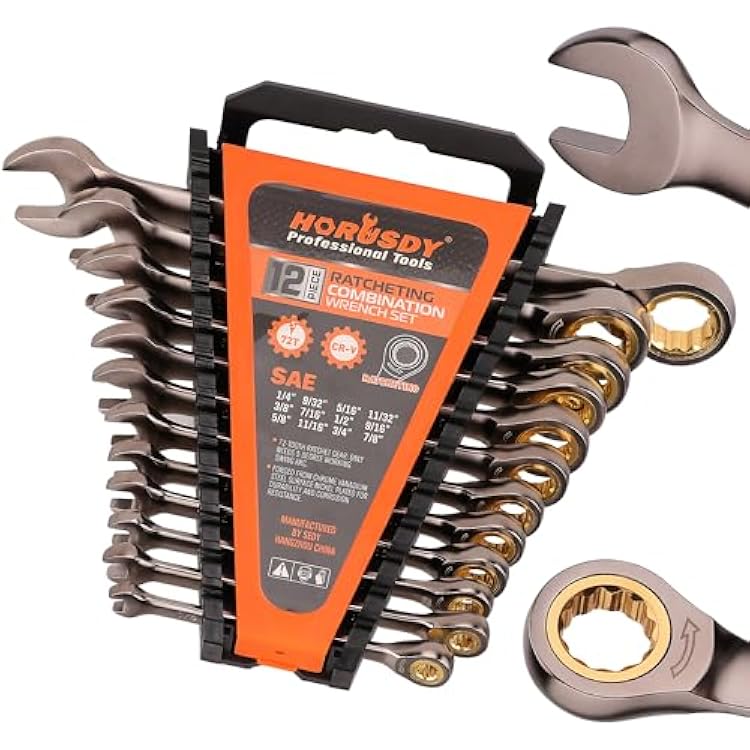 HORUSDY 12-Piece SAE Ratcheting Wrench Set | 14 to 78 | Ratchet Combination Wrenches Set with Organizer | 72-Teeth | Chrome Vanadium Steel