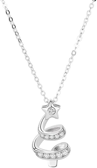 Holiday Christmas Tree Necklace for Women Sparkling Cubic Zirconia Xmas Tree Pendant Necklace Dainty Spiral Tree Shiny Star Pendant Necklaces Christmas Jewelry Gift