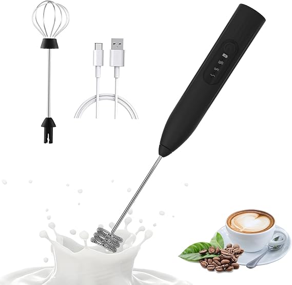 Milk Frother Handheld,Rechargeable Milk Frother 3 Speeds Handheld Form Maker with 2 Stainless Whisk Black, 1.2 x 10.4inch