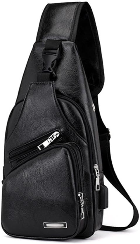 Leather Sling Bag for Mens,Crossbody Backpack with USB Charging Port for Men Travel Outdoor Sports