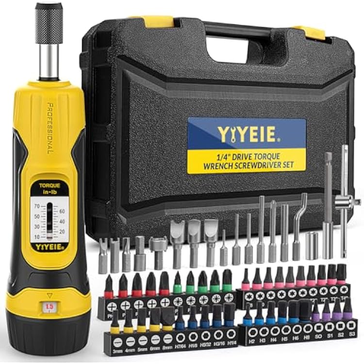 YIYEIE 60Pcs Torque Screwdriver Wrench Set, 10-70 IN.LB, Inch Pound Torque Screwdriver Electrician with S2 Bits, 14 Inch Drive, 0.5 In-lbs Adjustable, Small Torque Wrench Tool Kit for Bike, Mounting