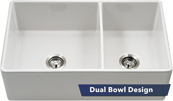 Houzer Platus Fireclay Series Farmhouse Sink - 33 Inch Undermount Apron Front Farm Sink with Double Bowl for Kitchen, Durable, Chip and Crack Resistant, Ideal for Home or Apartment - PTD-6040 WH