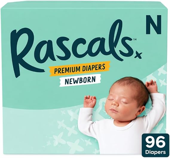 Rascals Premium Newborn Baby Diapers, Size Newborn, 96 Count, Ultra Soft Disposable Diapers, Up to 12 Hours Leak Protection, High Absorbency, Comfortable Fit for Sensitive Skin