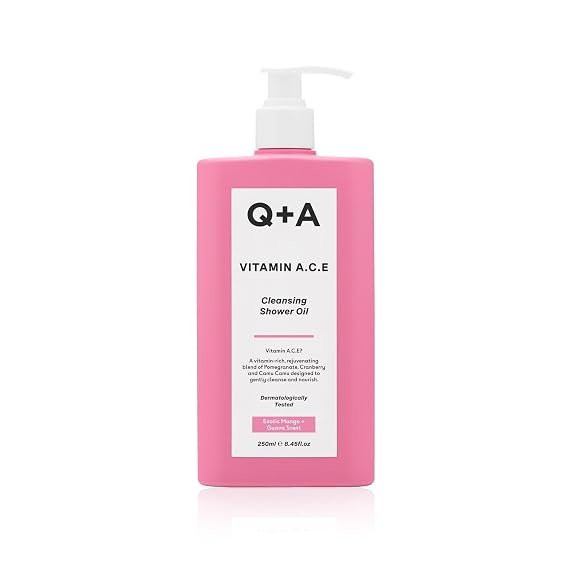 Q+A Vitamin A.C.E Cleansing Shower Oil (250ml), Cleansing Oil Shower Gel Alternative, Body Care, Hydrating Body Wash with Berry & Sea Buckthorn Oils, Tropical Mango & Guava Scent, Moisturizes, Soothes
