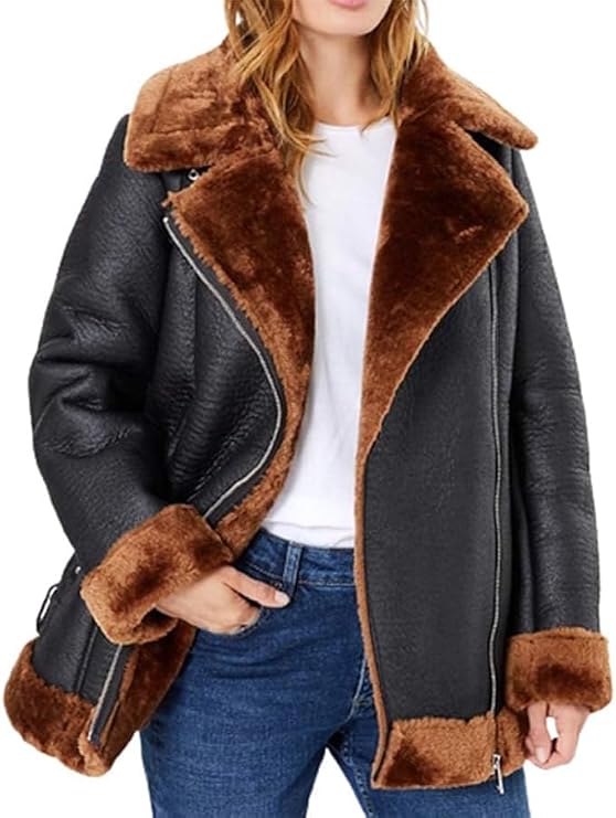 Women's Brown B3 Bomber Pilot Flying Aviator Real Fur Sheepskin Shearling Lightweight Warm Leather Jacket