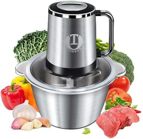 Meat Grinder Food Processor Chopper Electric Small with Safety Handle, TOMBOT 8-Cup Mini Blender for Meat Vegetables Fruits Nuts Puree with Spatula & 4 Sharp Blades, 1.8L Stainless Steel Bowl,2 Speeds