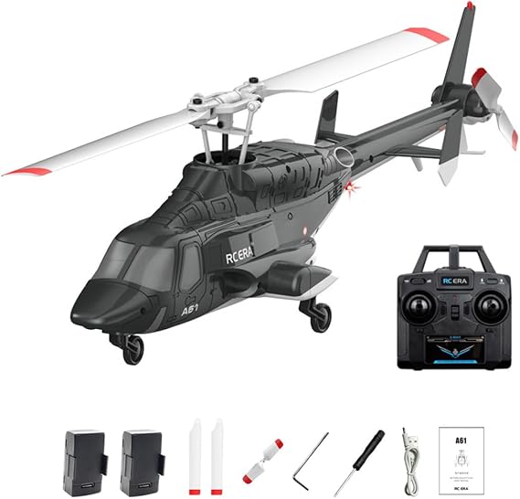 A61 Little Air-wolf RC Helicopter, 1/52 Scale 2.4G 4CH Single Rotor Remote Control Helicopter with One-Key Takeoff/Landing & LED Lights for Adults Beginners - RTF