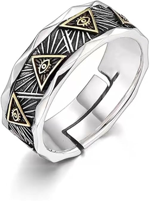 Eye of God Ring for Men Women, Open Eye of Providence Illuminati Triangles Ring, Adjustable Vintage Punk Masonic Evil Eye Ring, Oxidized All Seeing Hip Hop Halloween Jewelry Christmas Gift for Men