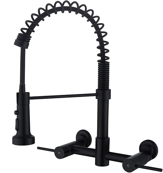 Wall Mount Kitchen Faucet Matte Black, 8 Inch Center Wall Mount Kitchen Sink Faucet with Pull Down Sprayer, Commercial, Black