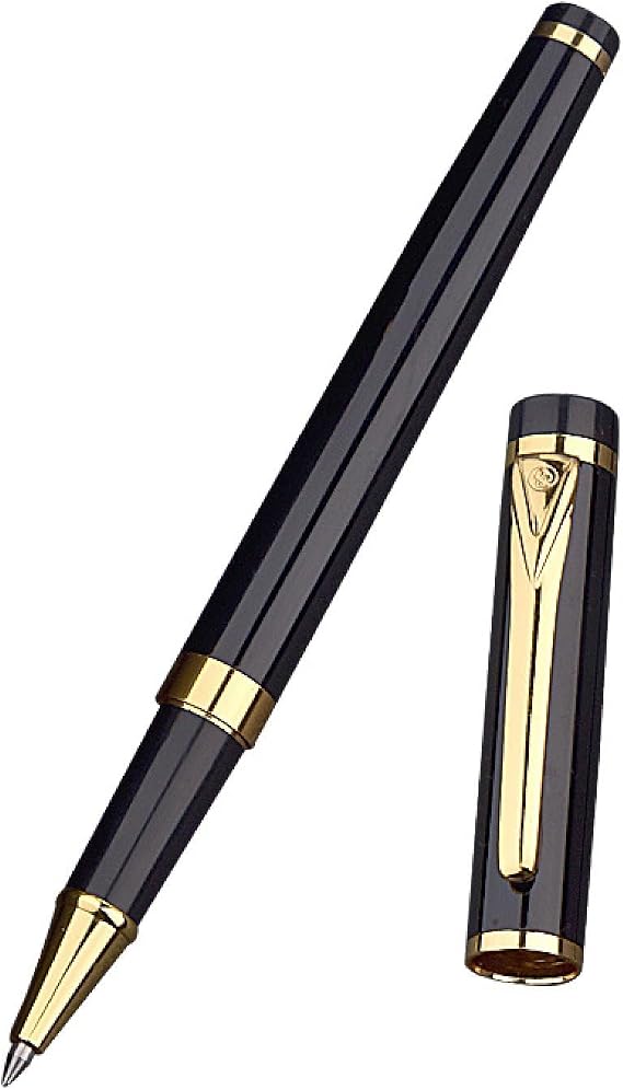 Borges Black Lacquer Rollerball Pen - Stunning Luxury Pen with 24K Gold Finish, Schmidt Ink Refill, Best Roller Ball Gift Set for Adult (Modern)
