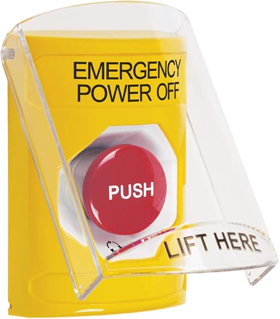 SS2221PO-EN STI Yellow Indoor Only Flush or Surface Turn-to-Reset Stopper Station with EMERGENCY POWER OFF Label English
