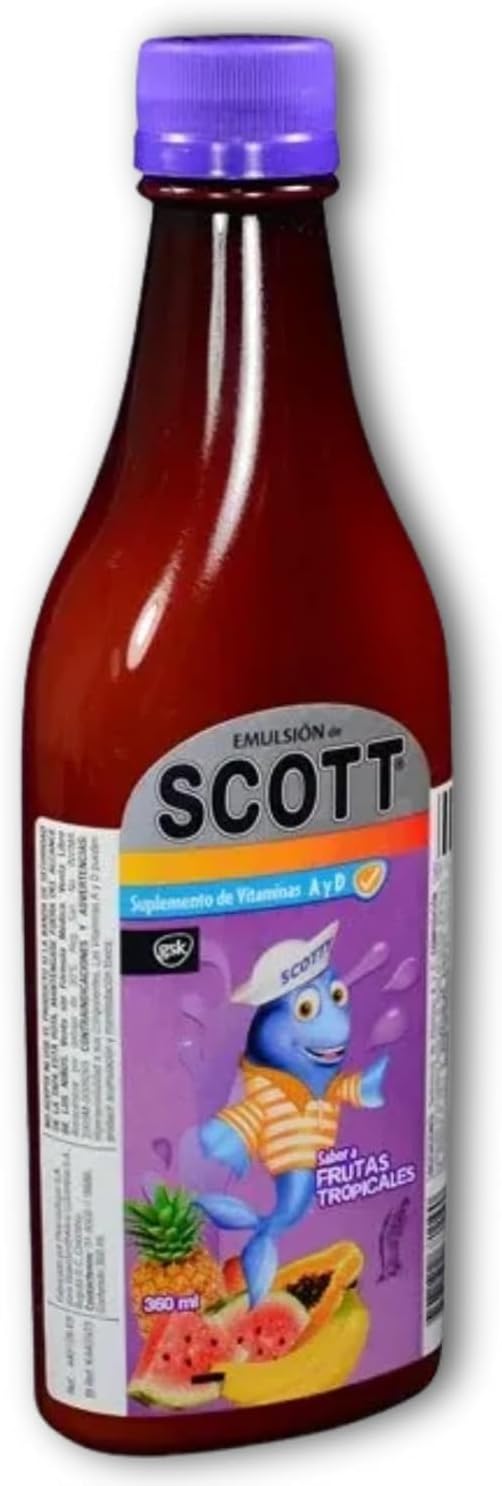 Emulsion de Scott - Sabor Frutas Tropicales (Tropical Fruit) (360 ml - 12.17 Fl Oz) - Aceite de higado de bacalao - con vitamina A y Calcio, suplemento dietetico para ninos.