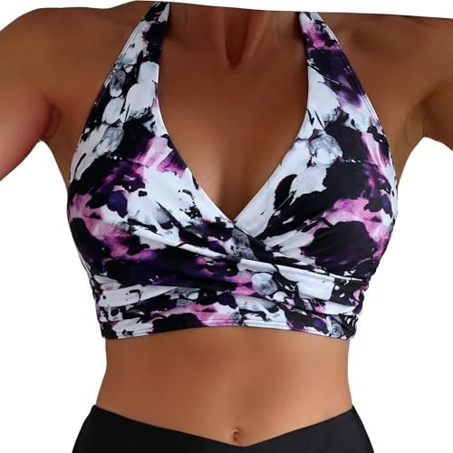 Hilor Womens Underwire Bikini Tops Halter V Neck Bathing Suit Top Swimsuit Push Up Twist Front Swim Top Only